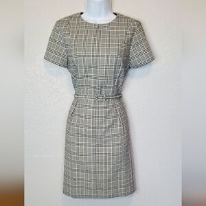 H&M Black, Gray & White Plaid Belted Sheath Dress Size Medium Jackie O